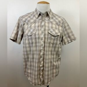 CODY JAMES Men's Tan Plaid Reg Fit Short Sleeve Western Shirt Pearl Snap, sz MD